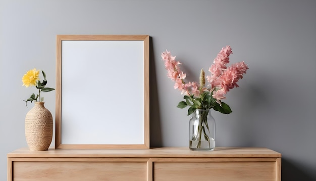 Poster mockup met verticaal houten frame in huis interieur achtergrond met bloemenvaas en andere decoratie