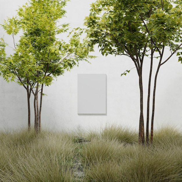 写真 非現実的な空間のミニマルな空間で 2 つの緑の木の間のコンクリートの壁にポスターのモックアップ