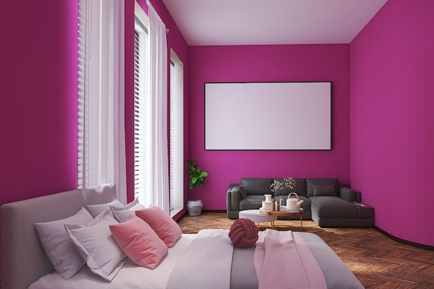 Мокап плаката в квартире-студии с кроватью, диваном, освещением, занавесками и окном