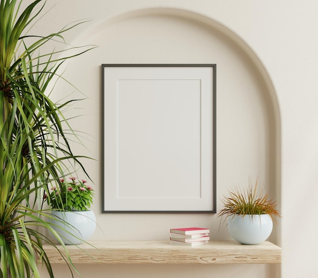 Poster mockup with vertical black frame in in living room