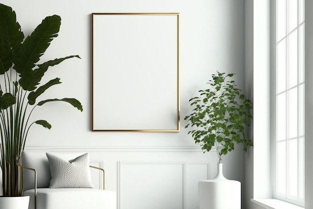 Poster mockup with vertical frame in living room simple home interior white wall Generative AI