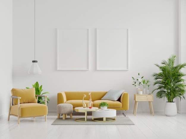 Poster mockup with vertical frame standing on floor in living room interior with yellow sofa.