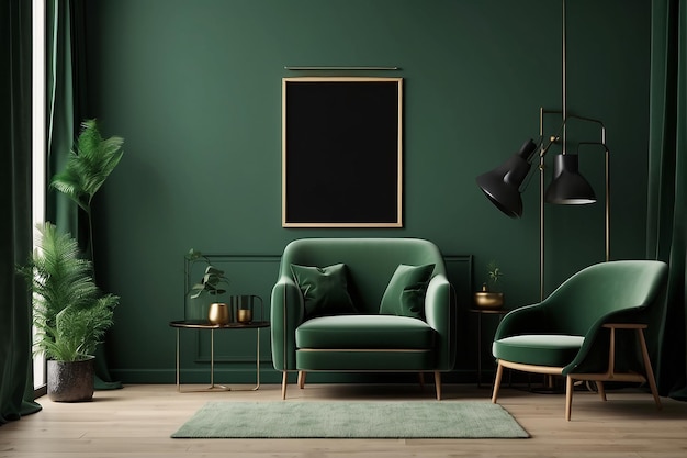 거실 인테리어에서 빈 어두운 녹색 벽에 수직 프레임으로 포스터 모 ⁇  어두운 녹색 벨 ⁇  의자3d 렌더링