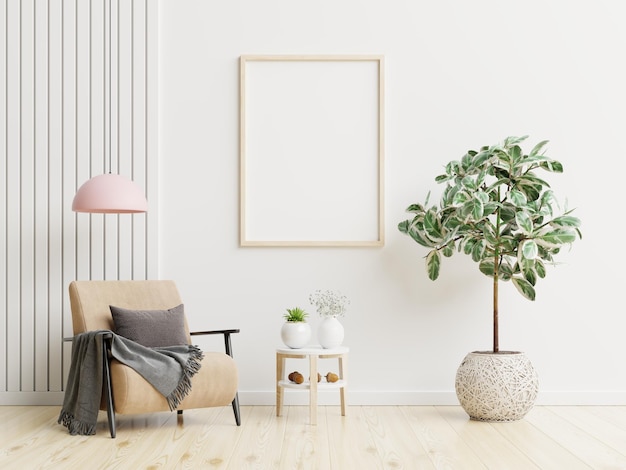 Poster mockup with vertical frames on empty white wall in living room interior3d rendering