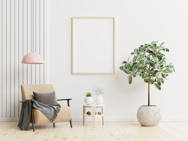 Poster mockup with vertical frames on empty white wall in living room interior3D rendering