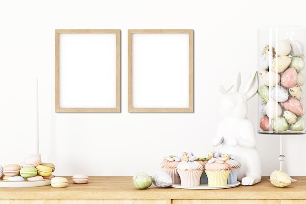 Poster mockup with vertical wood frames on empty white wall in living room interior 3D rendering