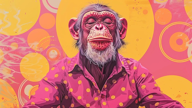 a poster of a monkey with a pink shirt and a yellow background