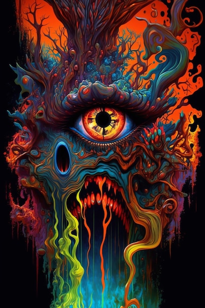 A poster of a monster with a black background and a bright orange eye with black and blue colors.