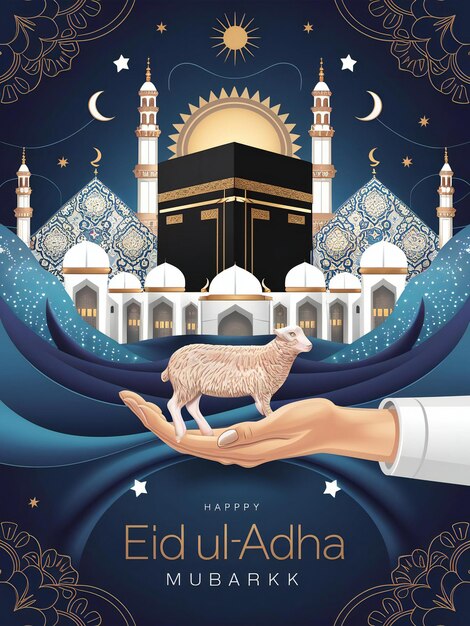 a poster for the month of month of month with a sheep and mosque in the background