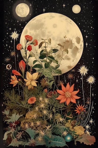 A poster of a moon with flowers and stars.