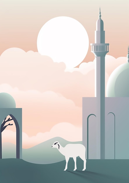 Постер мечети в пустыне с белой птицей на переднем плане для празднования Ид аль-Адха