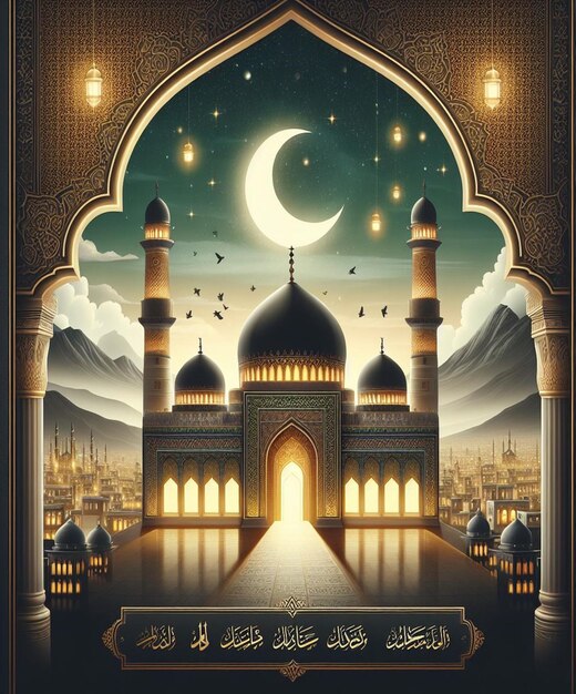 a poster for a mosque with birds flying around it