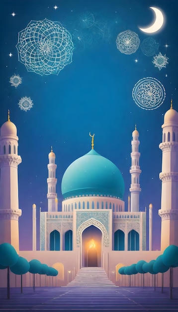 Photo a poster for a mosque with a blue dome and a mosque on the bottom