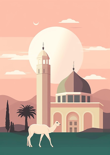 Foto un poster per una moschea con un cammello e una moschea sullo sfondo.