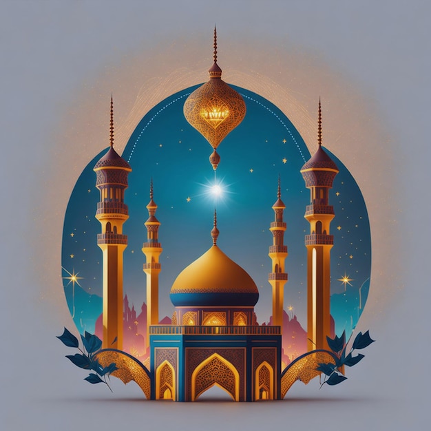 A poster for a mosque with a dome and a star on it.