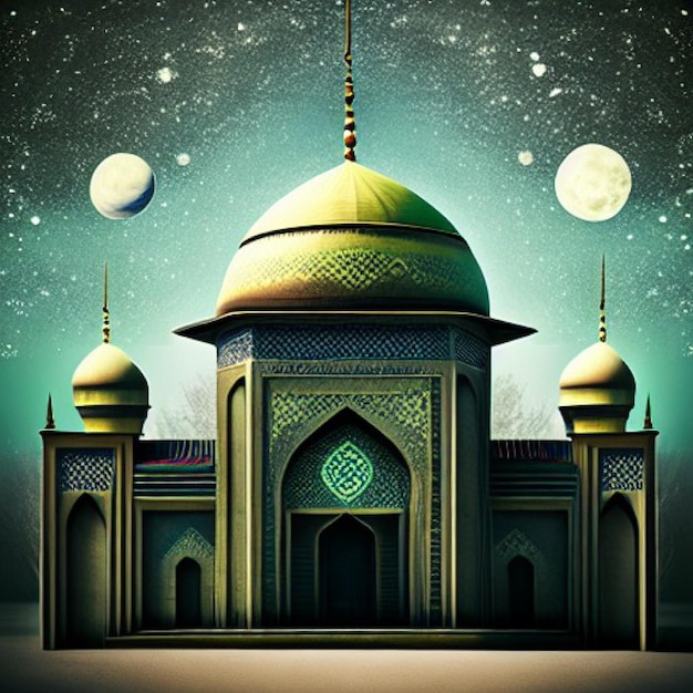 A poster for a mosque with a large dome on the top.