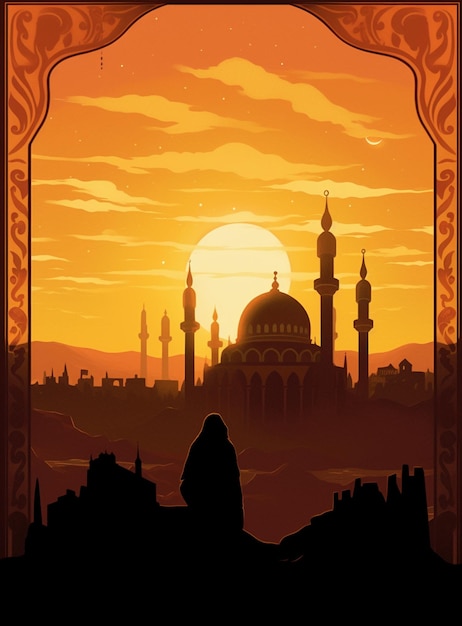 A poster for a mosque with a man sitting on the roof.