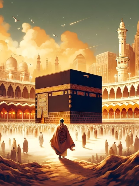 a poster for a mosque with a man standing in front of alharam kabah mekkah