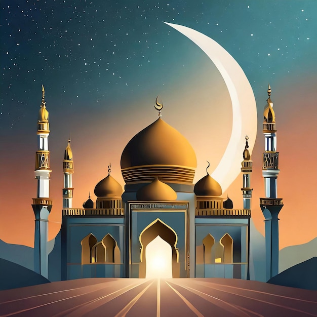 a poster for a mosque with a moon and a moon in the background
