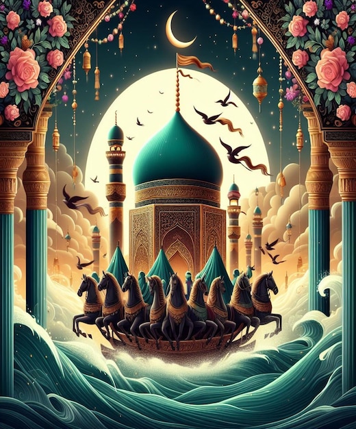 Foto un poster per una moschea con una luna e una luna sullo sfondo