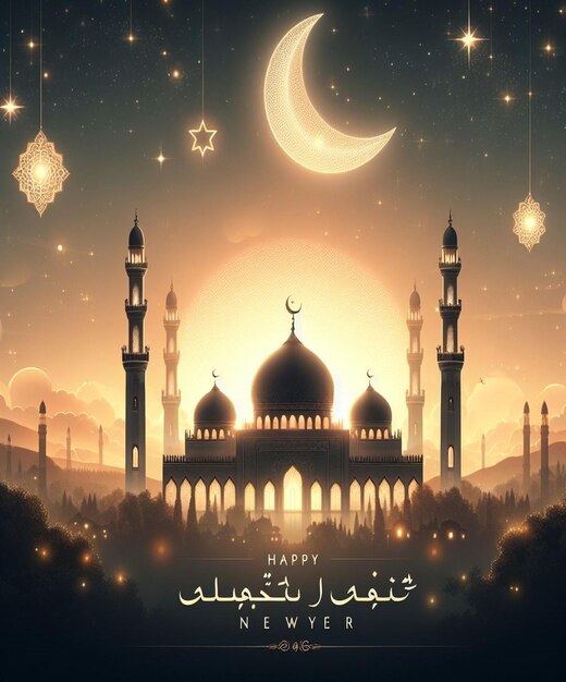 Foto un poster per una moschea con una luna e una moschea sullo sfondo