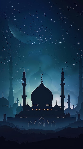 a poster for a mosque with a moon and stars in the background