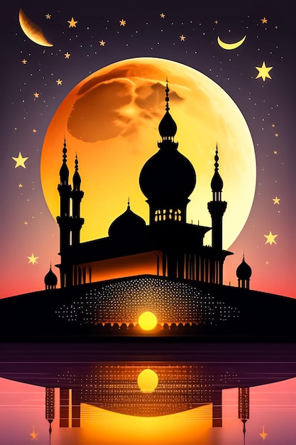 A poster for a mosque with a moon and stars in the background.