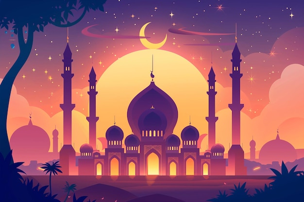 a poster for a mosque with a moon and stars