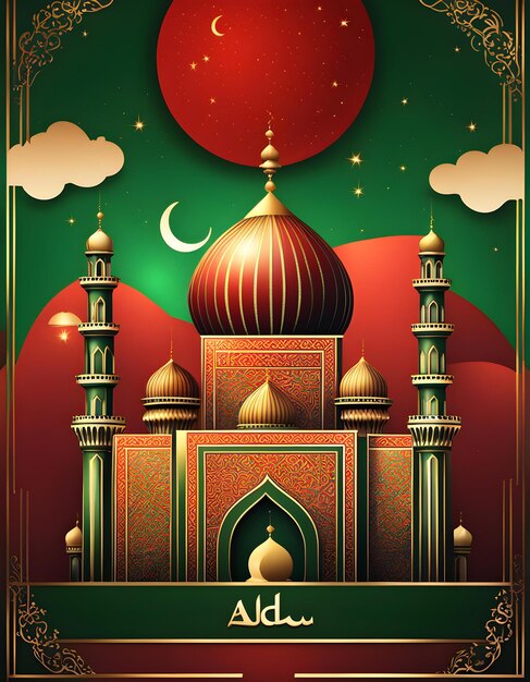 Photo a poster for a mosque with a red moon and a green background