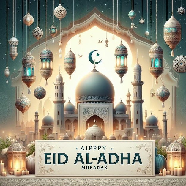 이드 알라다 무바라크 (Eid Aladha Mubarak) 라는 단어가 새겨진 모스크의 포스터