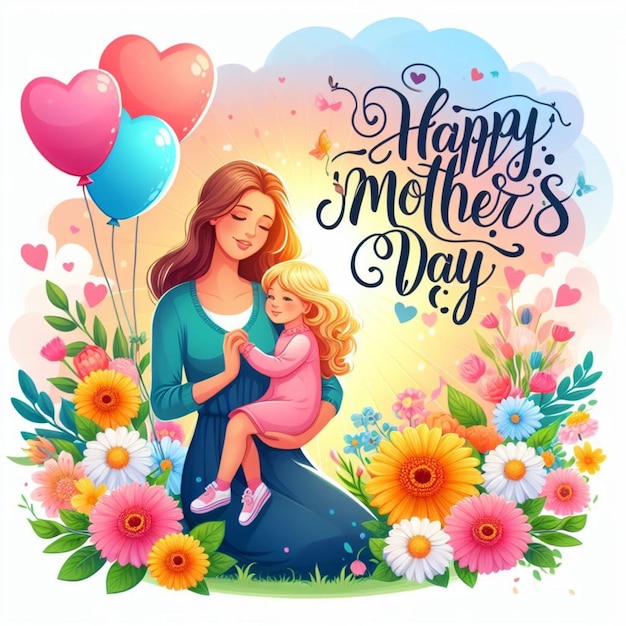 Photo a poster for a mother and daughter with balloons and flowers