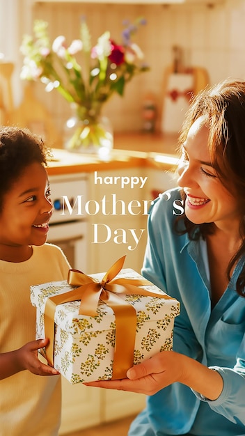 плакат для матери и дочери с подарком с надписью "Счастливого дня матери"