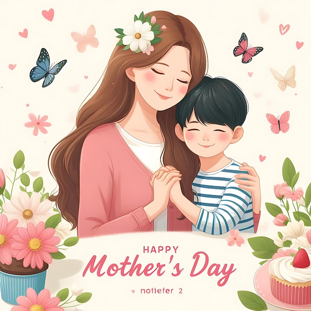 плакат для матери и ее ребенка с бабочками и цветами