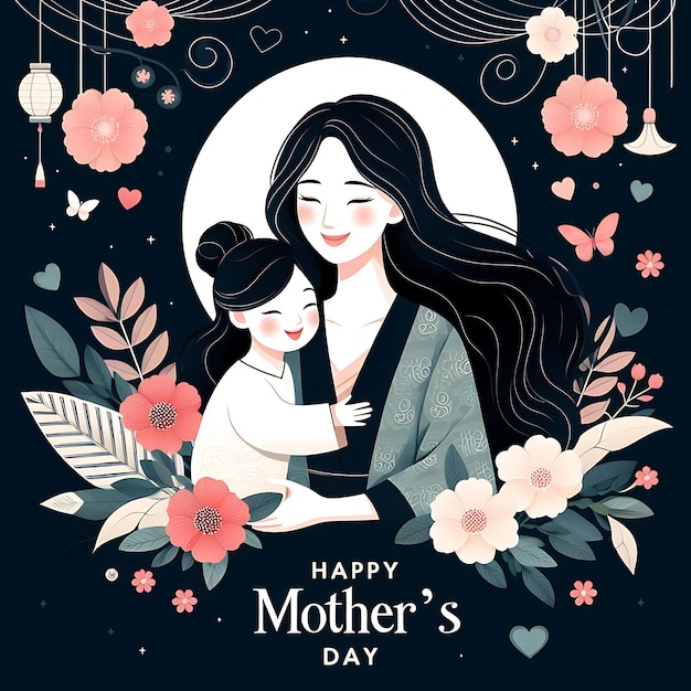 母と子供の花と赤ちゃんを抱いている女性のポスター