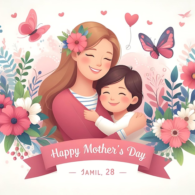 плакат для матери и ее дочери с цветами и бабочками