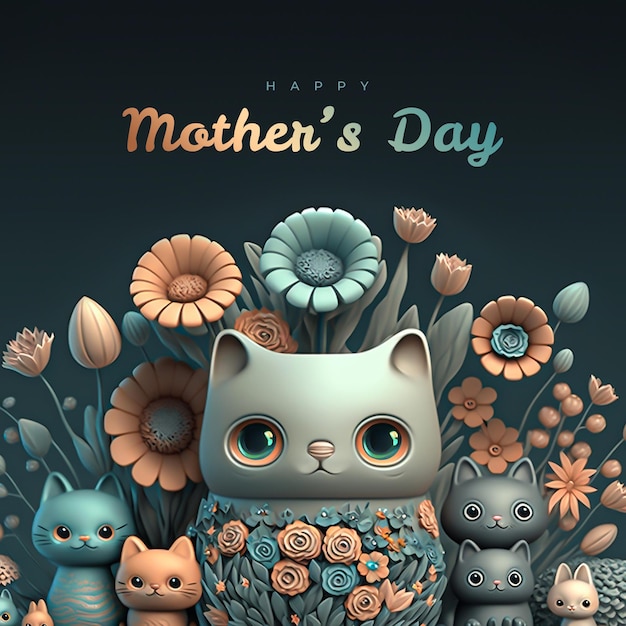 A poster for mother's day with a cat and flowers.