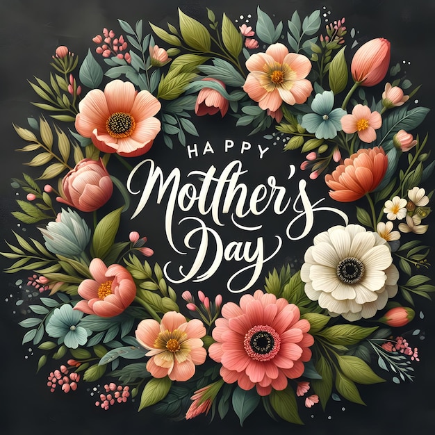 어머니의 날 포스터는 꽃으로 장식되어 있으며 "어머니의 날 축하합니다"라는 단어가 있습니다.
