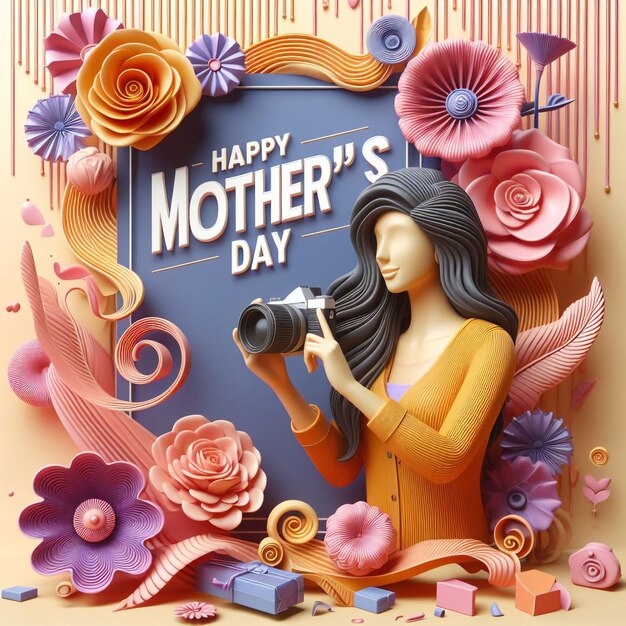 плакат на День матери с цветами и фотографией женщины, держащей камеру