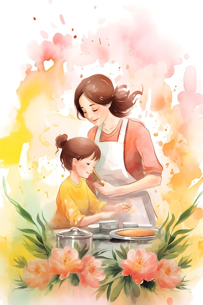 Poster of mothers day with mother cooking for family pink and yellow w 2d design international day