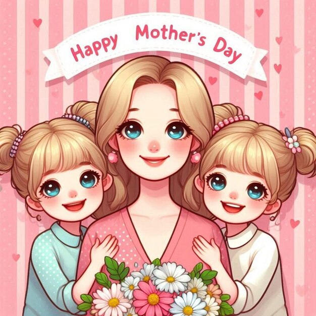 Photo a poster for mothers day with three little girls holding flowers