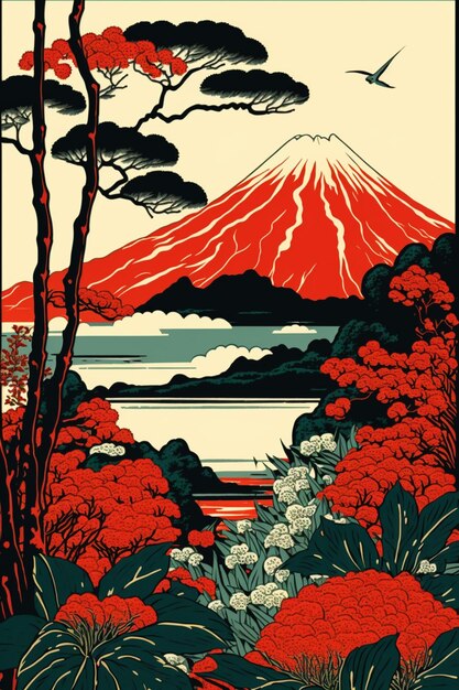 A poster for mount fuji shows a mountain with a red top and a forest in the foreground