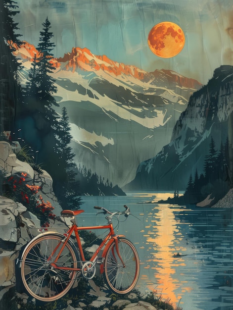 a poster of a mountain lake with a bike on it