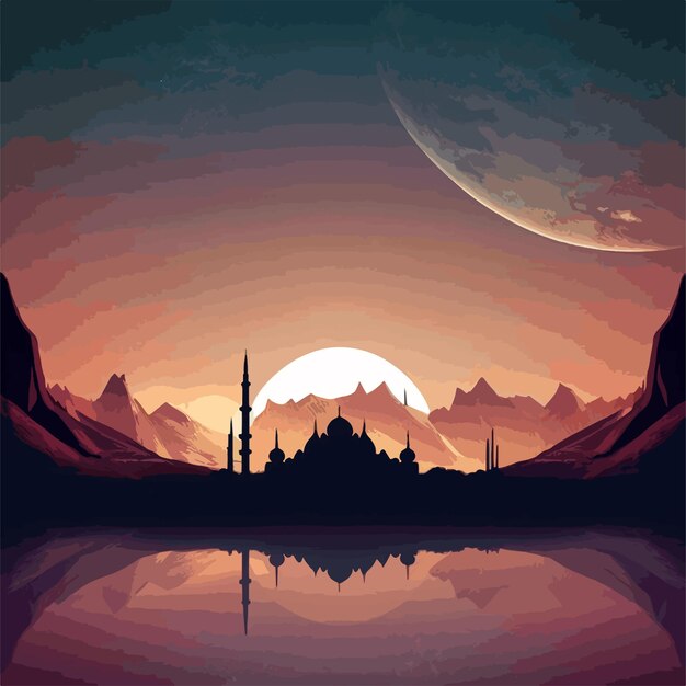 A poster for a mountain landscape with a lake and a mosque in the background.