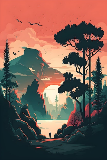 A poster for a mountain landscape with a lake and mountains in the background.