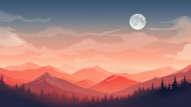 a poster for a mountain landscape with mountains and the moon in the background.