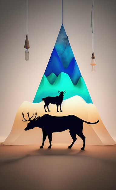 A poster for a mountain scene with a deer and a deer.