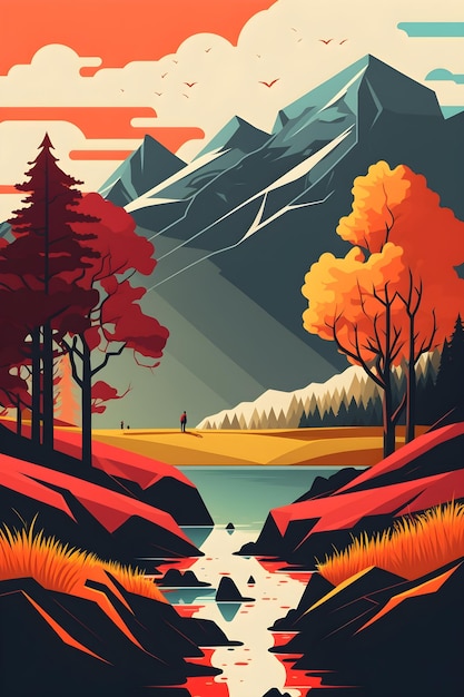A poster for a mountain scene with a mountain and a river.