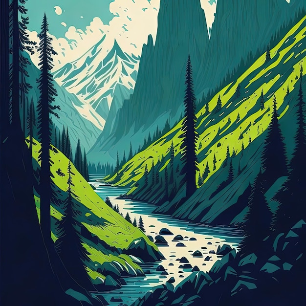 A poster of a mountain scene with a river