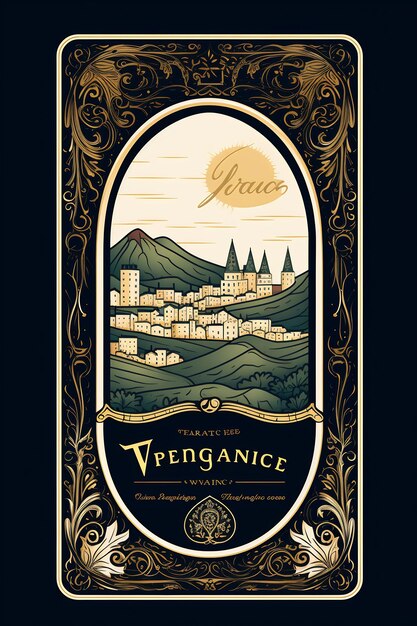 a poster for a mountain village with the sun and mountains in the background