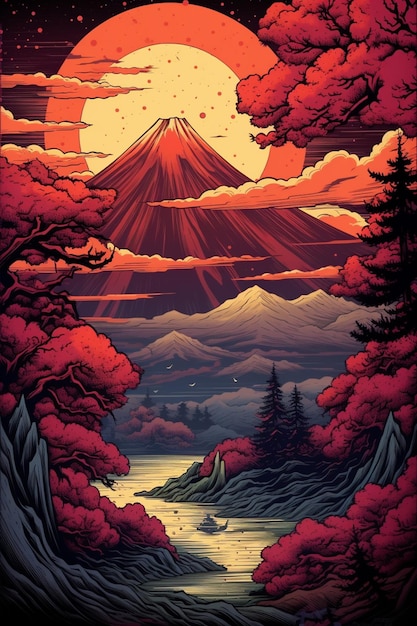 A poster of a mountain with a lake and trees in the foreground generative ai